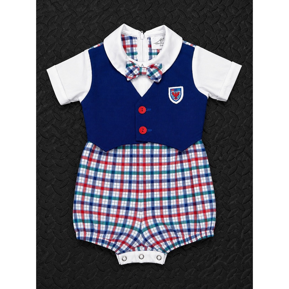 Michael James Baby Boy Romper Plaid Faux Vest Removable Bow Tie 6-9 Months